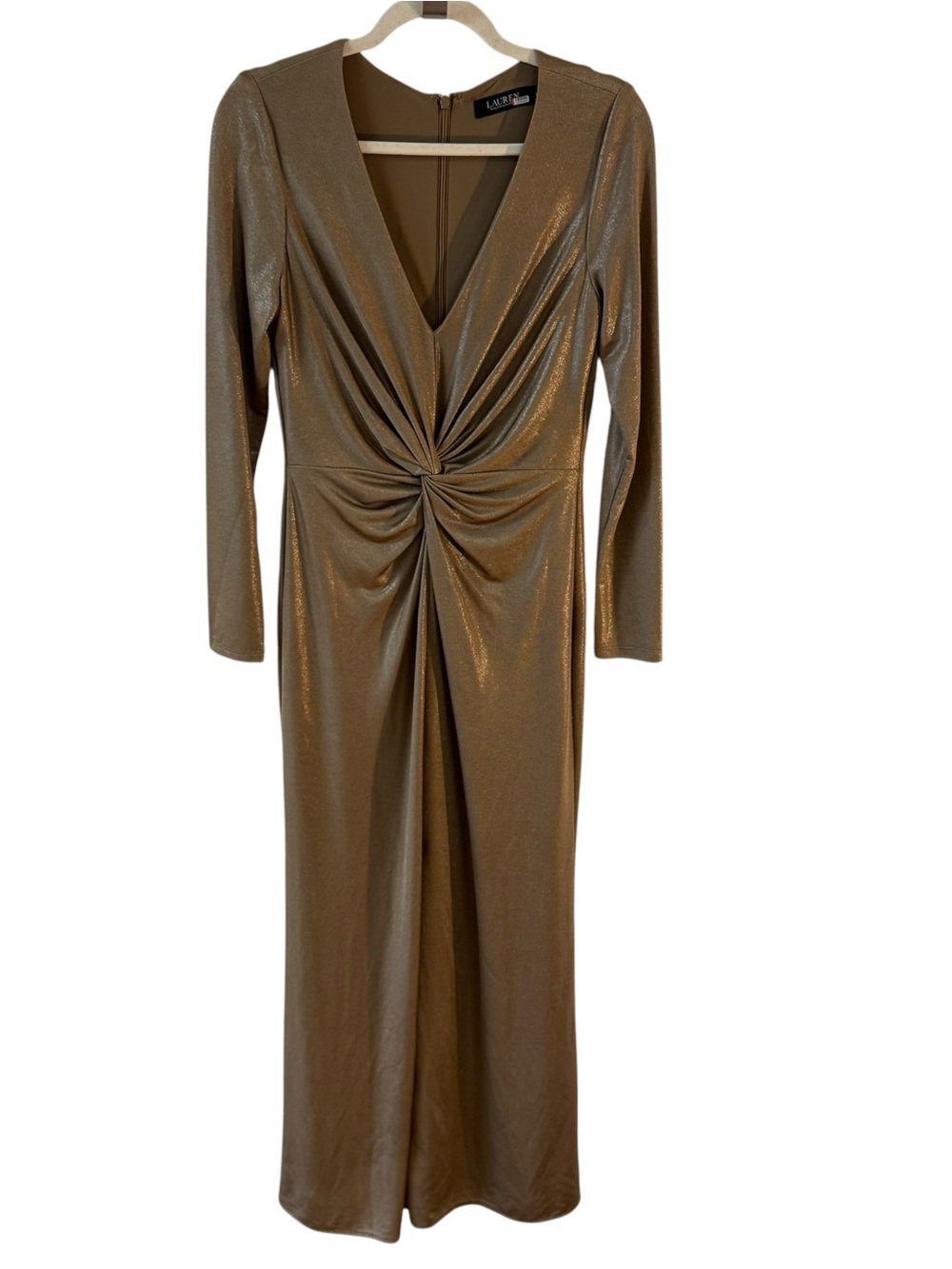 Lauren Ralph Lauren Nadira Metallic Gold Twist Front Gown Dress Size 6 - Picture 10 of 11